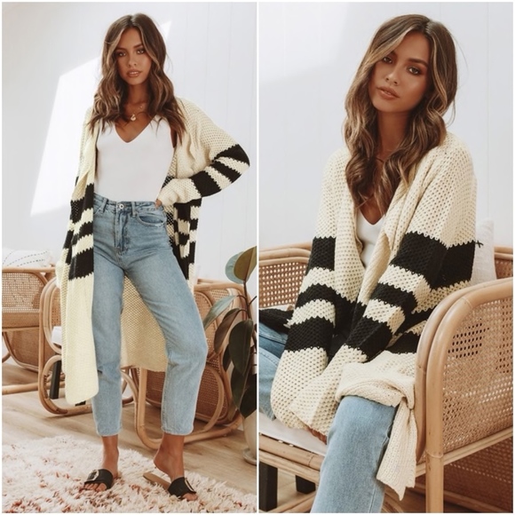 Long Open Cardigan Knit Striped Off White - Picture 2 of 9